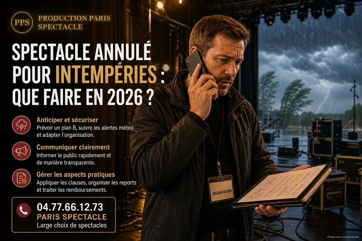 Scène de spectacle en plein air sous un ciel d'orage, public se mettant à l'abri