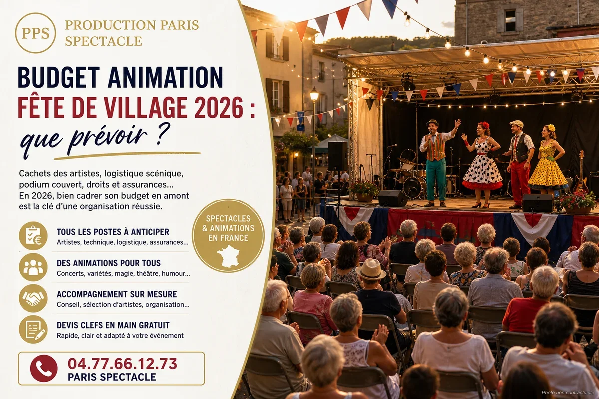 Organisation d'une fête de village avec scène en plein air et public réuni