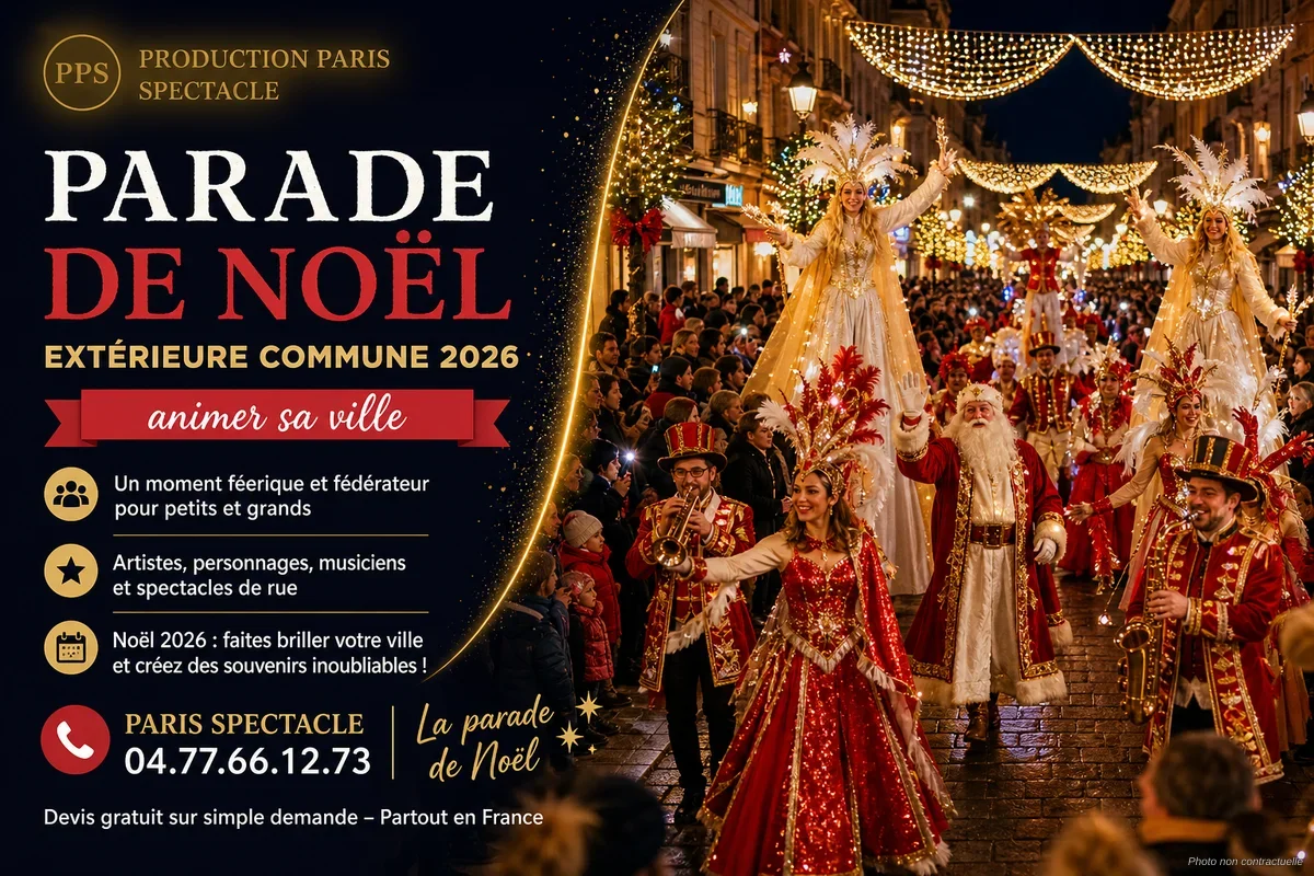 Parade de Noël extérieure dans les rues d'une commune française avec personnages costumés et lumières festives