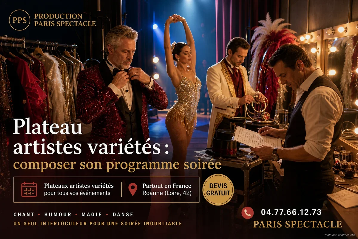 Scène de spectacle variétés avec plusieurs artistes sous projecteurs colorés lors d'une soirée festive