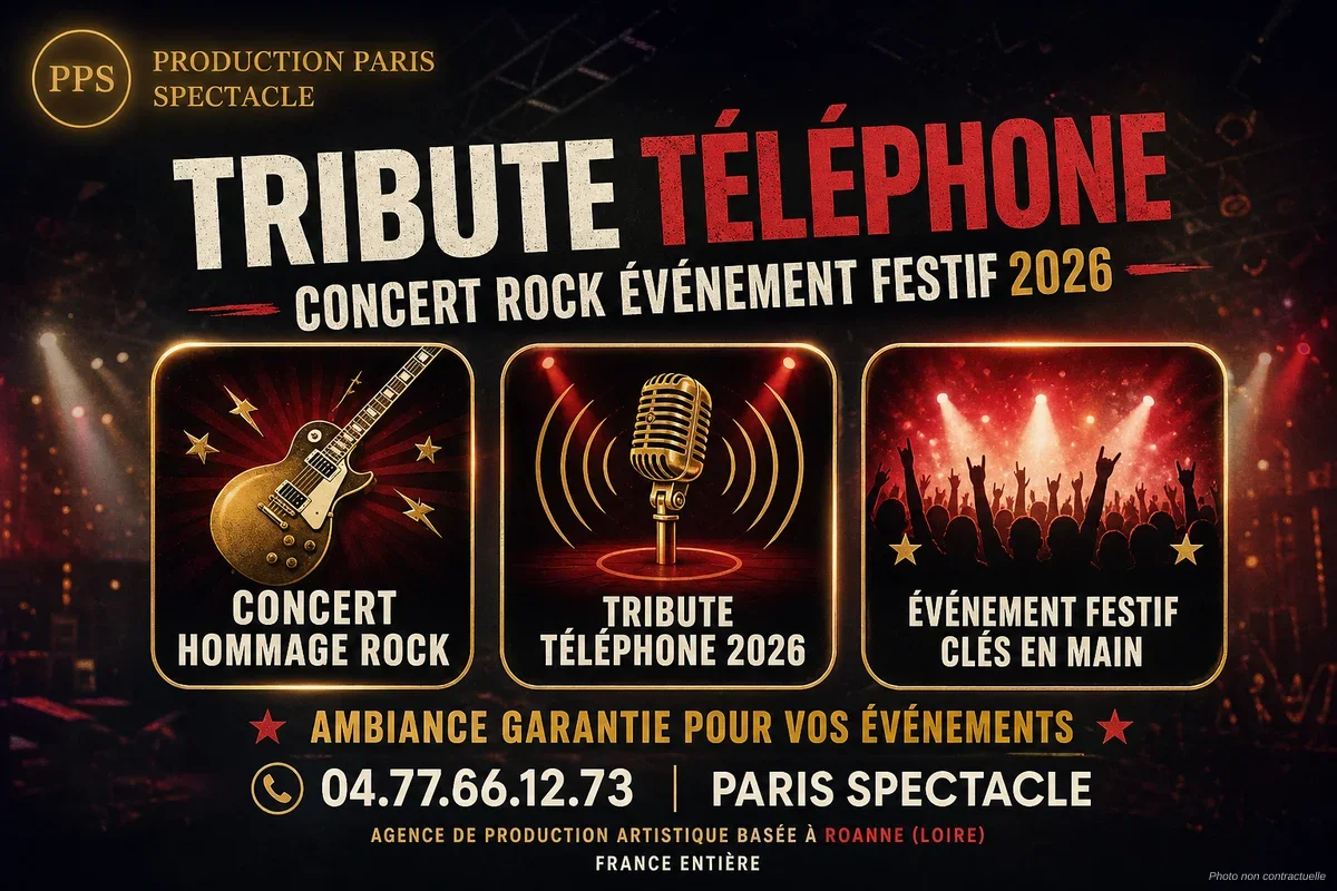 Concert tribute Téléphone sur scène avec lumières rock et public festif