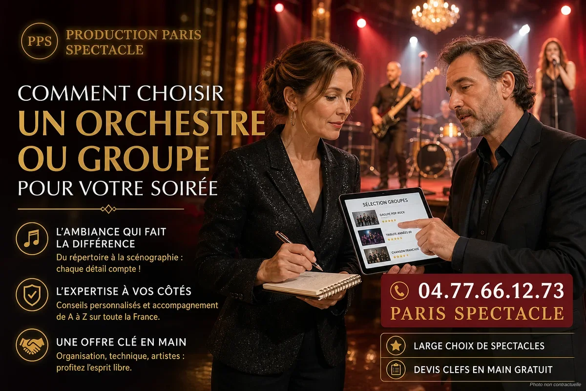 Groupe de musiciens professionnels sur scène lors d'une soirée festive en plein air