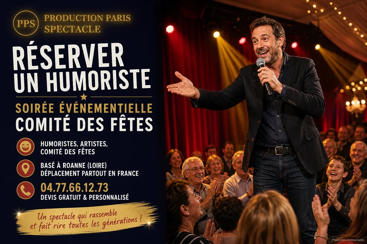 Humoriste comique sur scène lors d'une soirée événementielle en plein air animée par un comité des fêtes