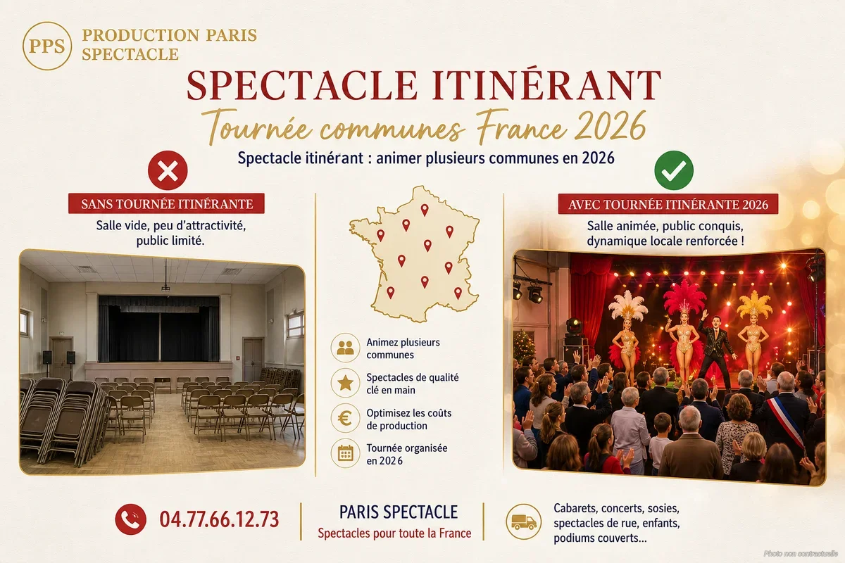 Scène de spectacle itinérant en plein air dans une commune française lors d'une fête estivale