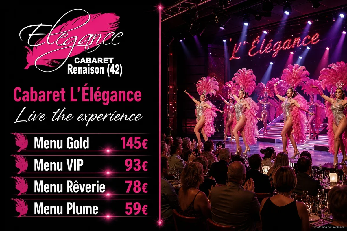 Salle de cabaret élégante avec scène illuminée et tables dressées pour un dîner-spectacle