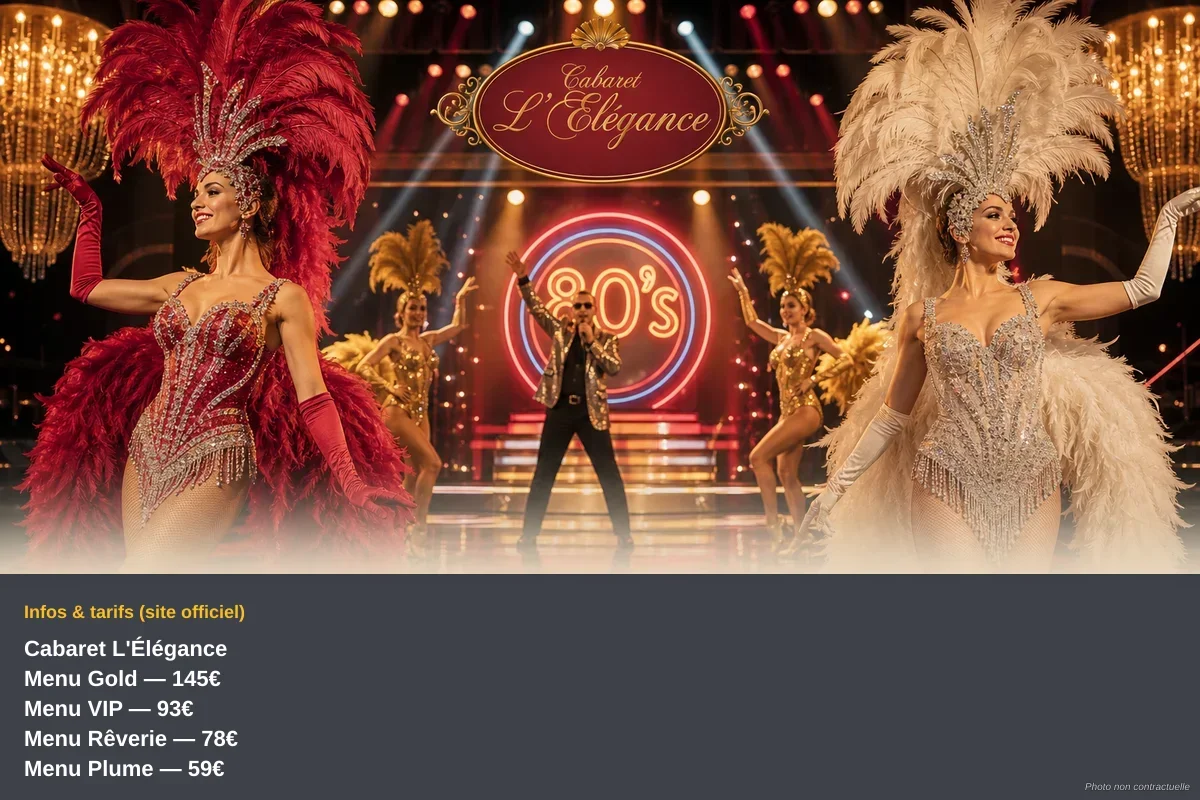 Salle de cabaret décorée aux couleurs des années 80 avec public festif à table