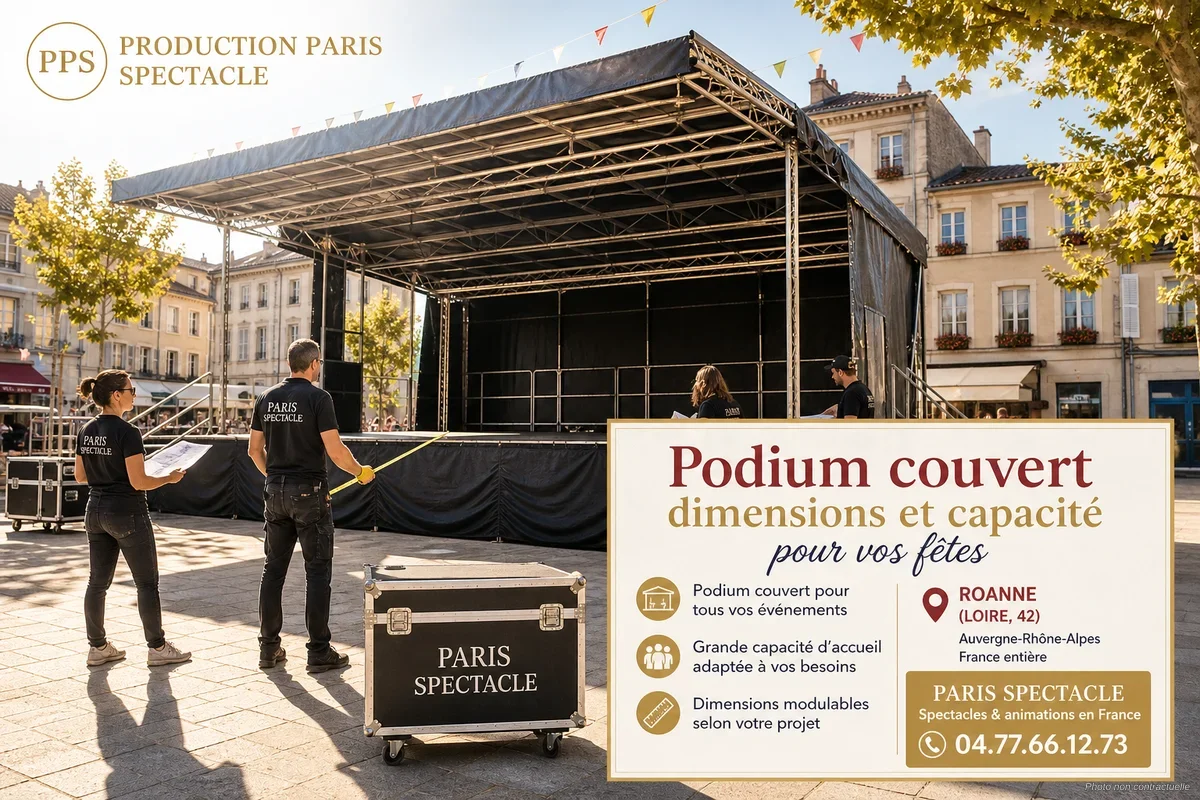 Podium couvert extérieur installé lors d'une fête locale, avec scène éclairée et public rassemblé
