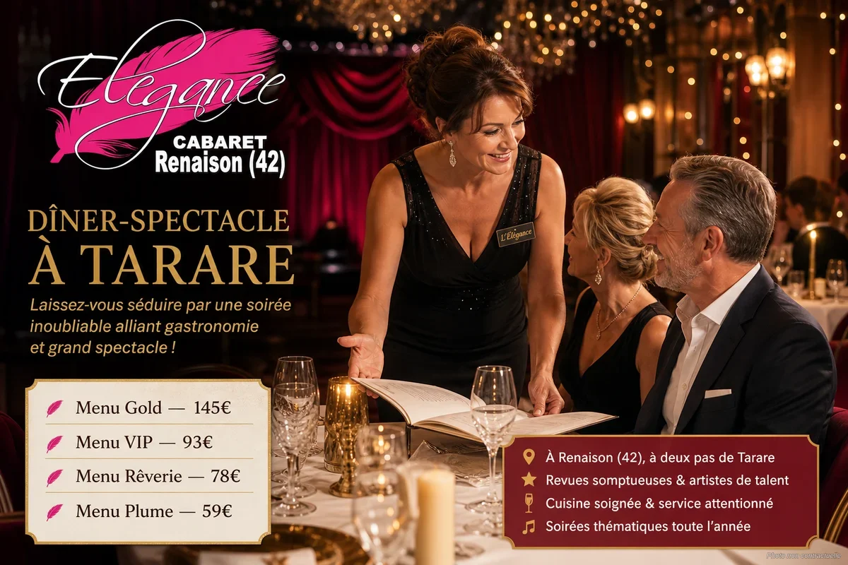 Salle de cabaret élégante avec tables dressées et scène illuminée à Renaison