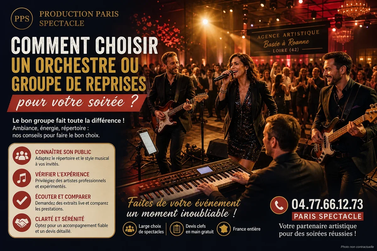 Groupe de musiciens sur scène interprétant des reprises de chansons françaises devant un public festif