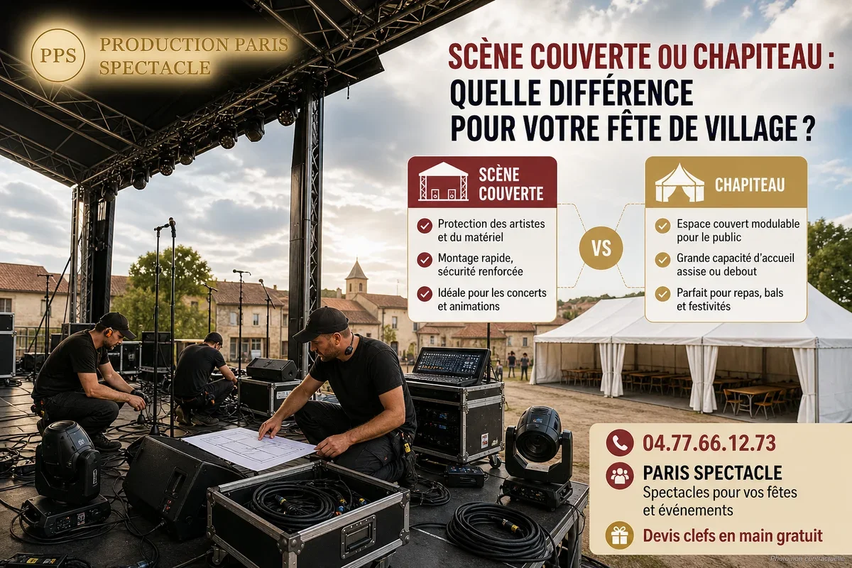 Podium couvert installé sur une place de village avec artistes en scène lors d'une fête estivale