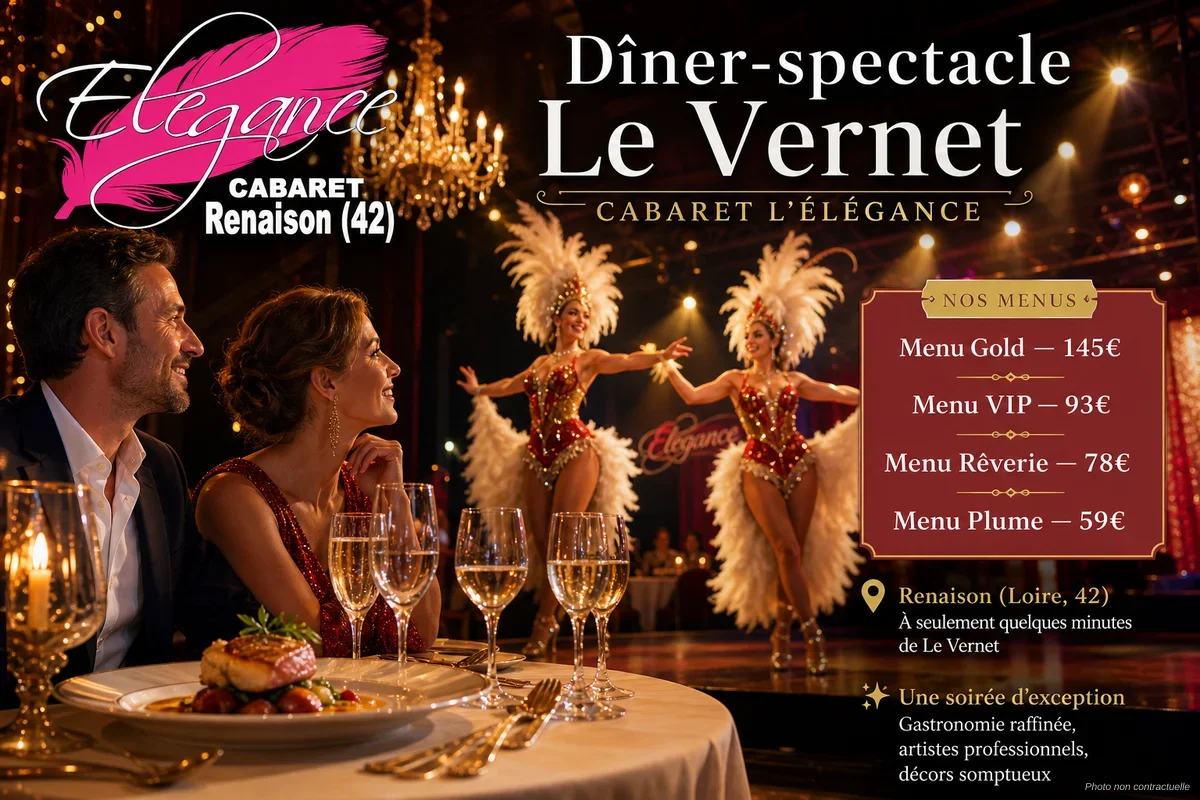 Salle de cabaret élégante à Renaison avec scène illuminée et tables dressées pour un dîner-spectacle