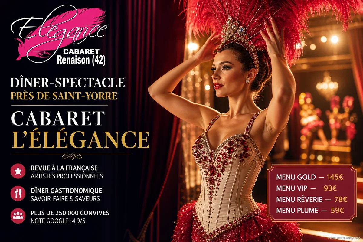 Salle de cabaret élégante avec tables dressées, lumières tamisées et scène illuminée à Renaison