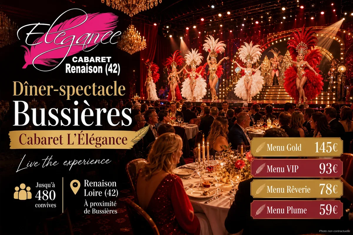 Salle du Cabaret L'Élégance à Renaison avec tables dressées et scène illuminée