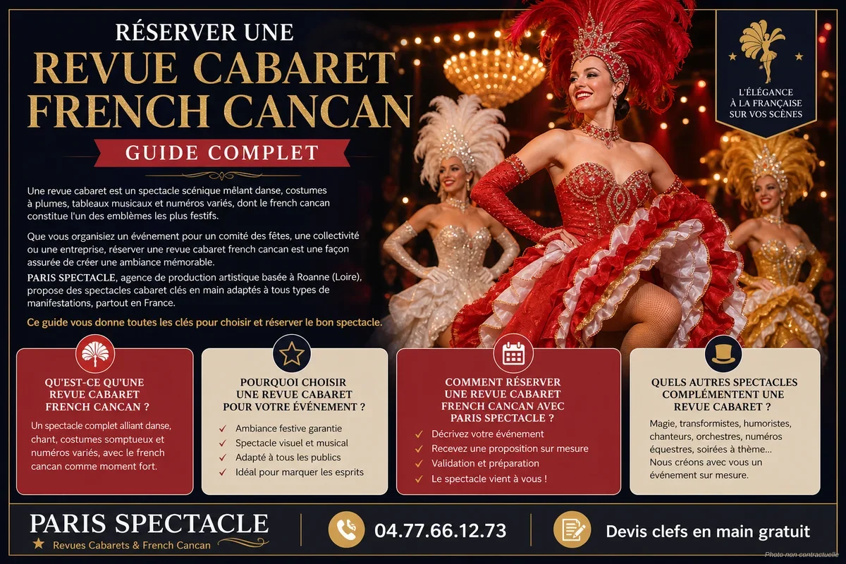 Danseuses de cabaret en costumes à plumes colorées lors d'un spectacle de revue french cancan