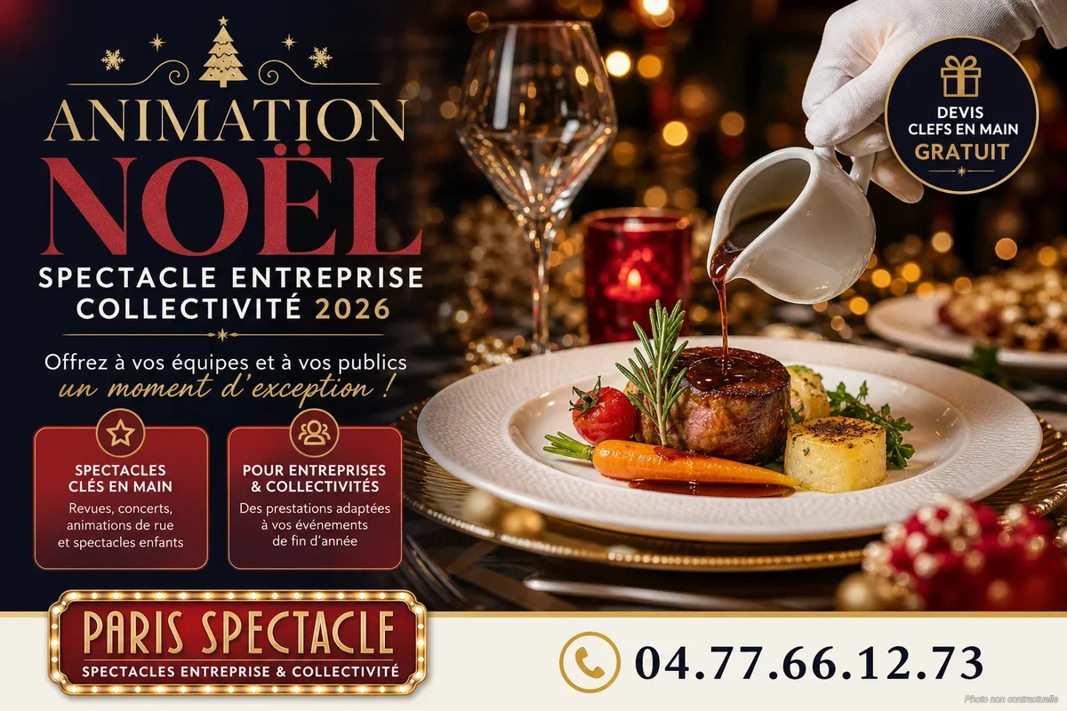 Spectacle de Noël sur scène pour entreprise avec décors festifs et lumières