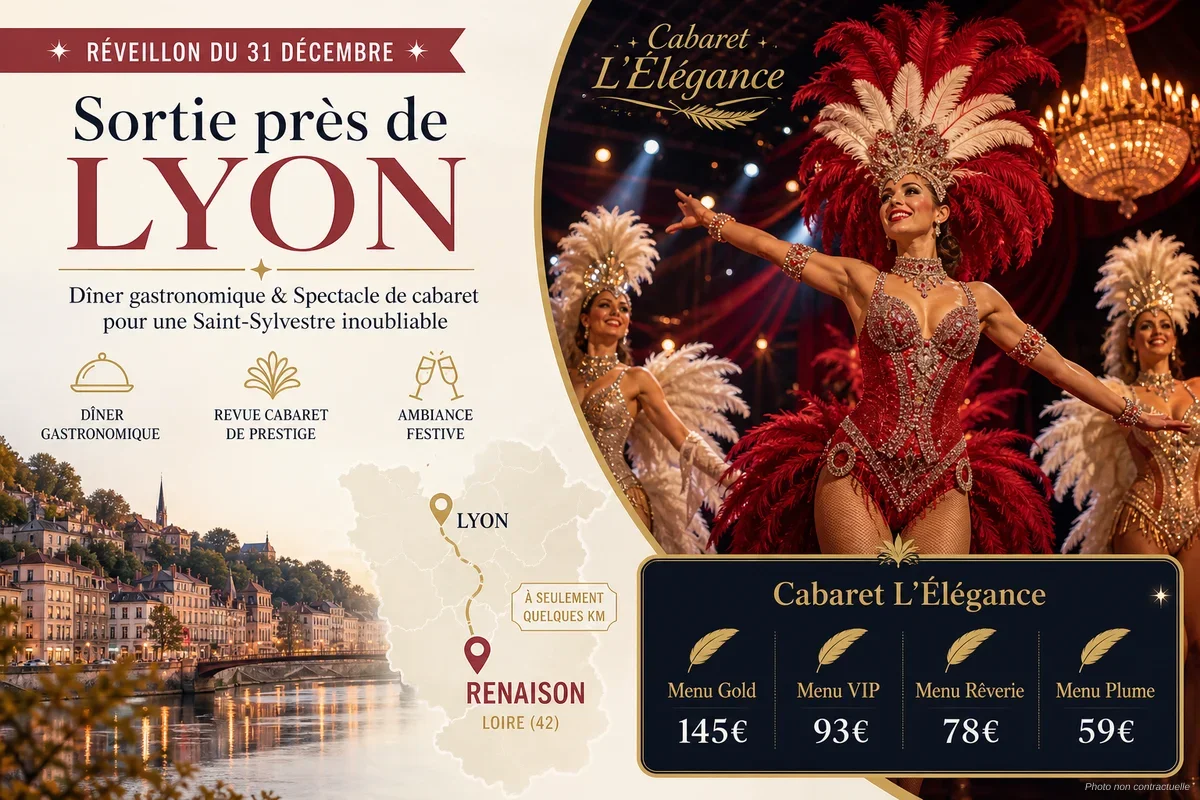 Salle de spectacle du Cabaret L'Élégance à Renaison, décorée pour une soirée de réveillon