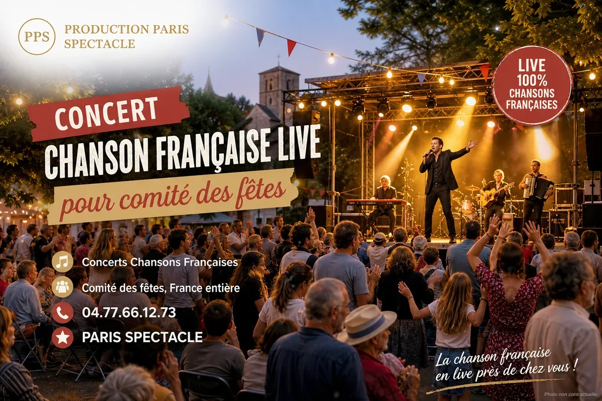 Chanteur sur scène en concert chanson française live devant un public festif en plein air