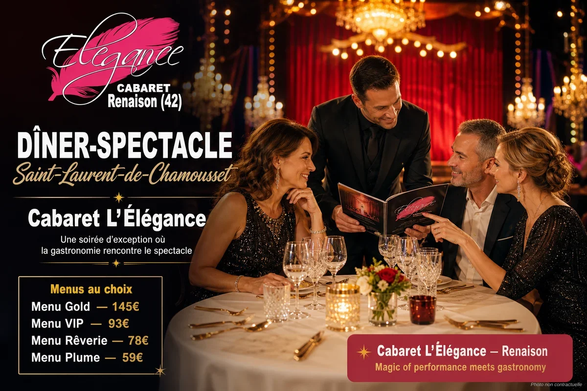 Elegant cabaret hall with guests seated at tables facing an illuminated stage during a dinner-show