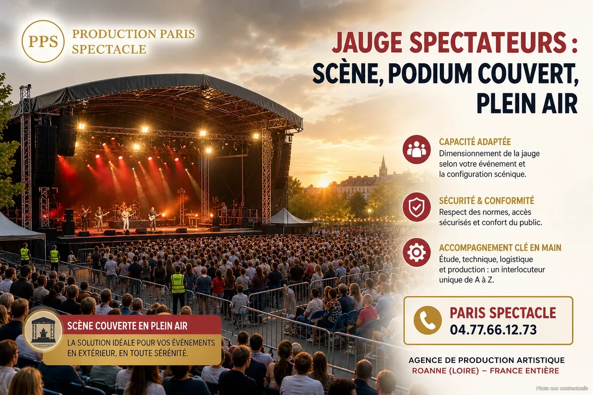 Plan de scène événementielle avec public nombreux et signalétique de jauge