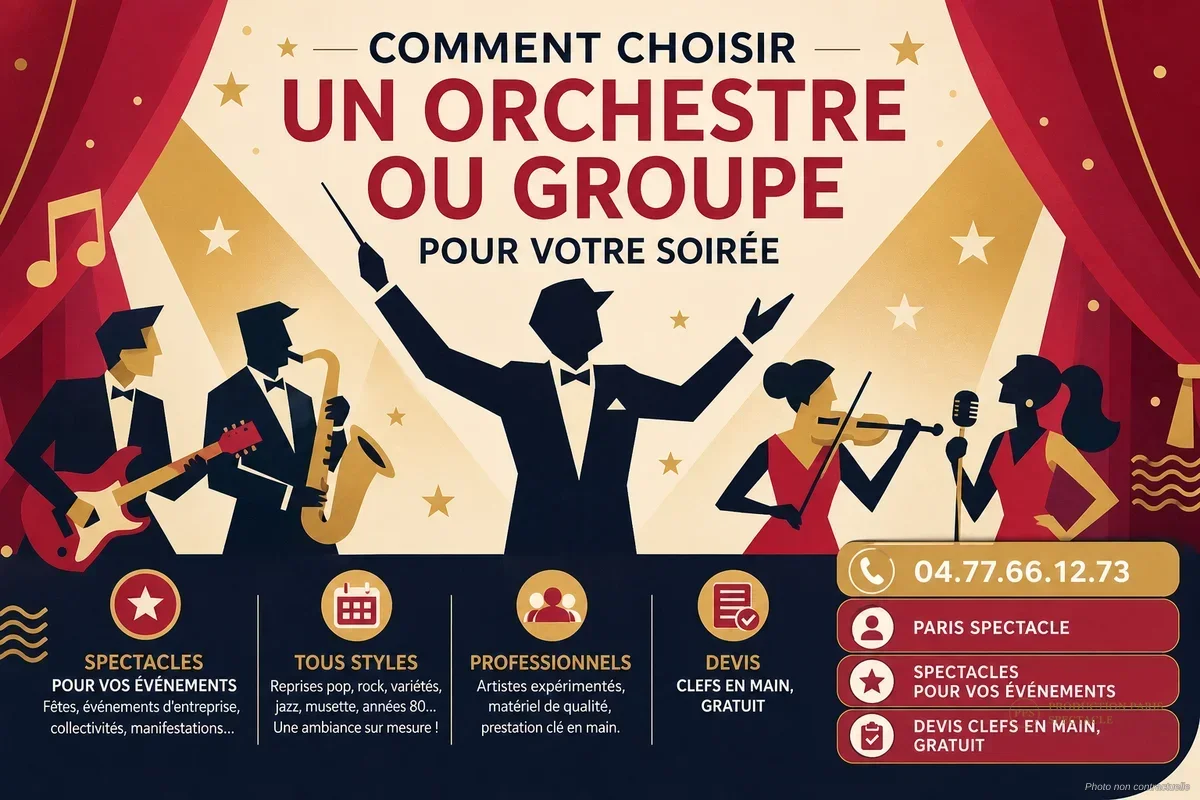 Groupe de musiciens sur scène jouant un concert à thème années 80 devant un public festif en plein air