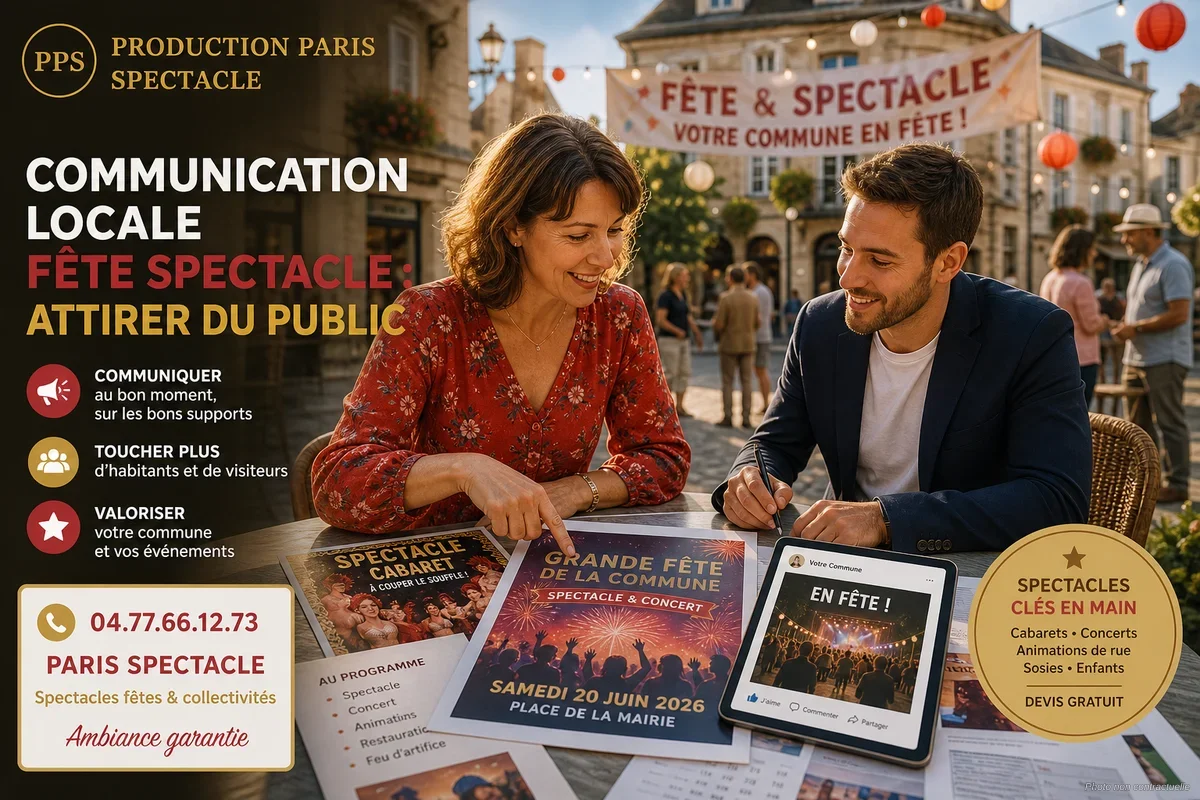 Affichage d'un événement spectacle dans une commune française, flyers et panneaux en centre-ville