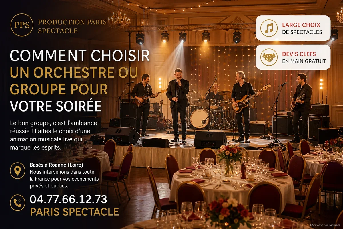 Groupe de musiciens sur scène lors d'un concert de reprises en plein air, ambiance festive