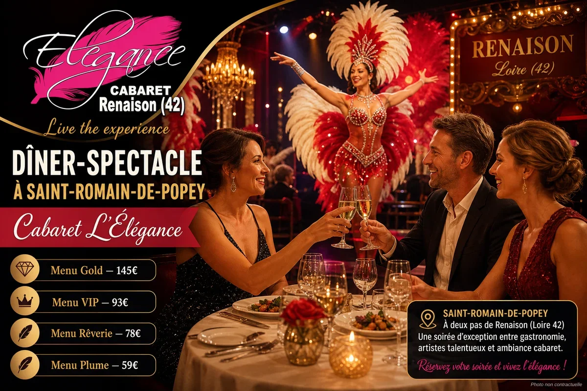 Vue de la salle du Cabaret L'Élégance à Renaison, tables dressées et scène illuminée