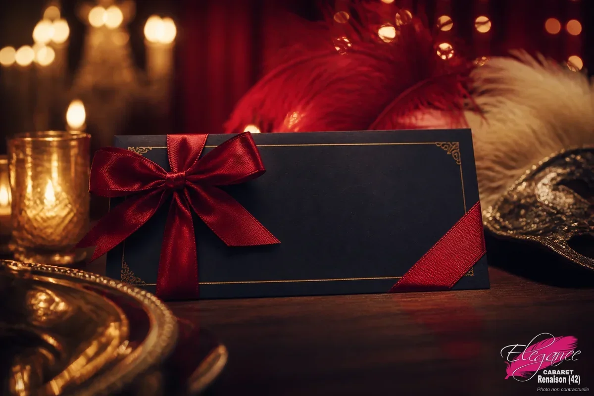 Bon cadeau dîner-spectacle présenté élégamment pour un cadeau d'occasion spéciale