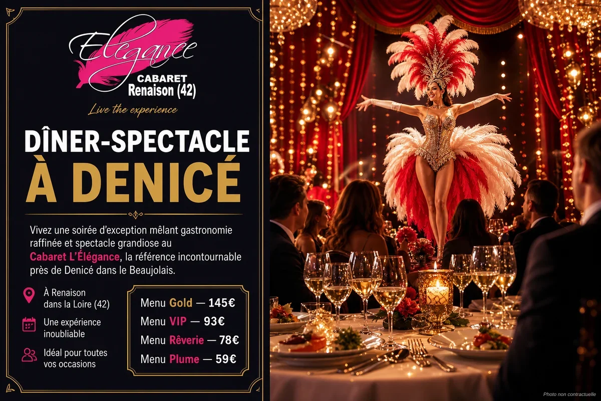Salle de spectacle du Cabaret L'Élégance avec tables dressées et scène illuminée