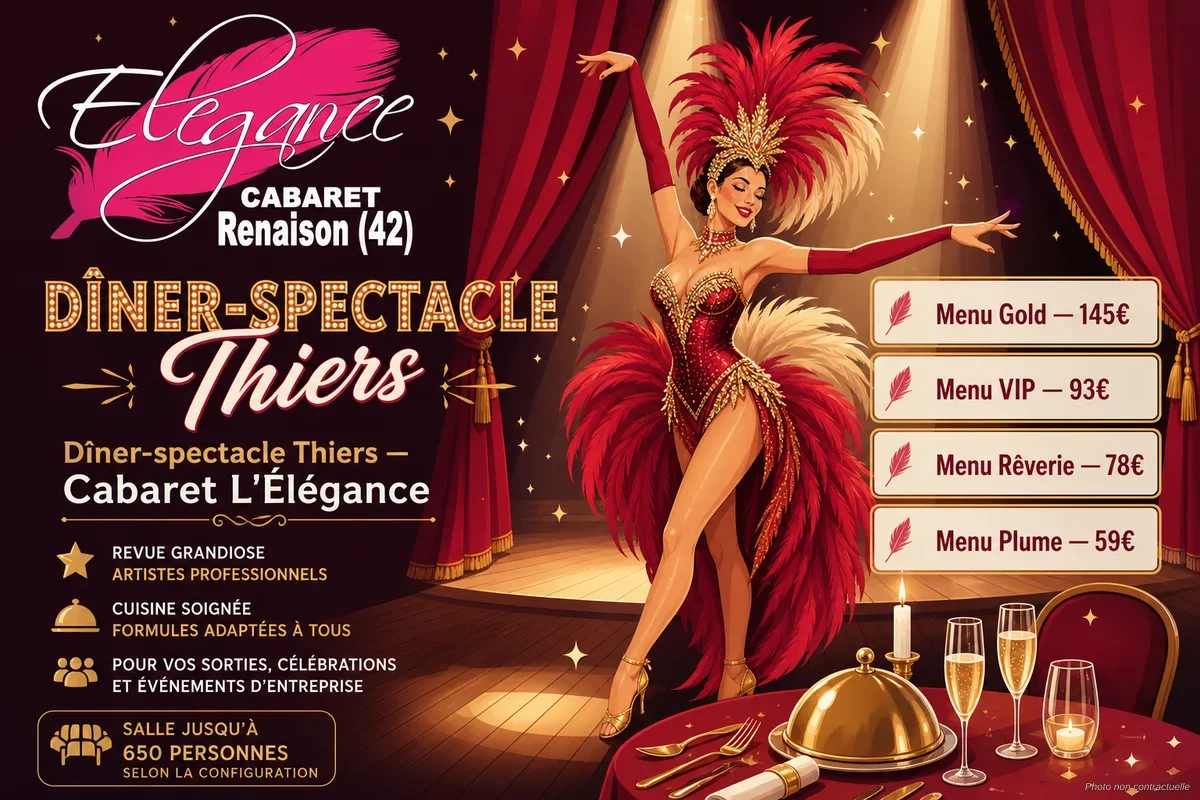 Scène de revue de cabaret avec danseurs en costumes élaborés sous des éclairages colorés à Cabaret L'Élégance