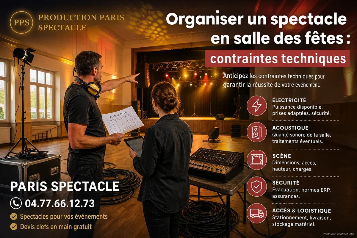 Vue intérieure d'une salle des fêtes préparée pour un spectacle avec scène éclairée et rangées de chaises
