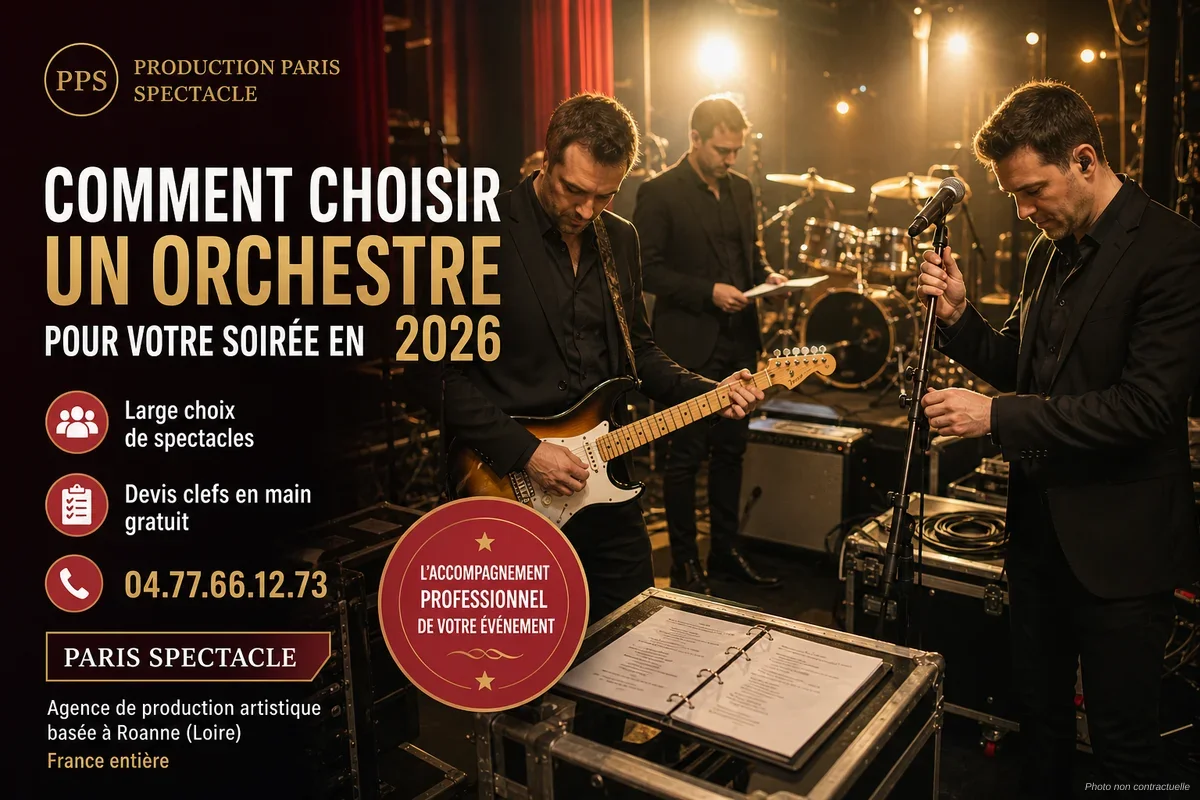 Groupe de musiciens sur scène lors d'une soirée festive en plein air