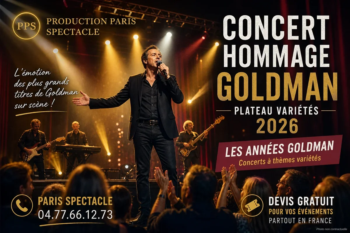 Artiste de variétés interprétant un hommage à Goldman sur scène avec éclairages colorés