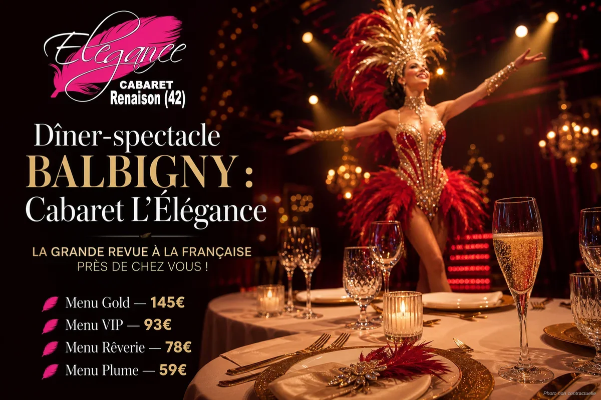 Scène de revue cabaret au Cabaret L'Élégance à Renaison, artistes en costumes élaborés sous des lumières colorées
