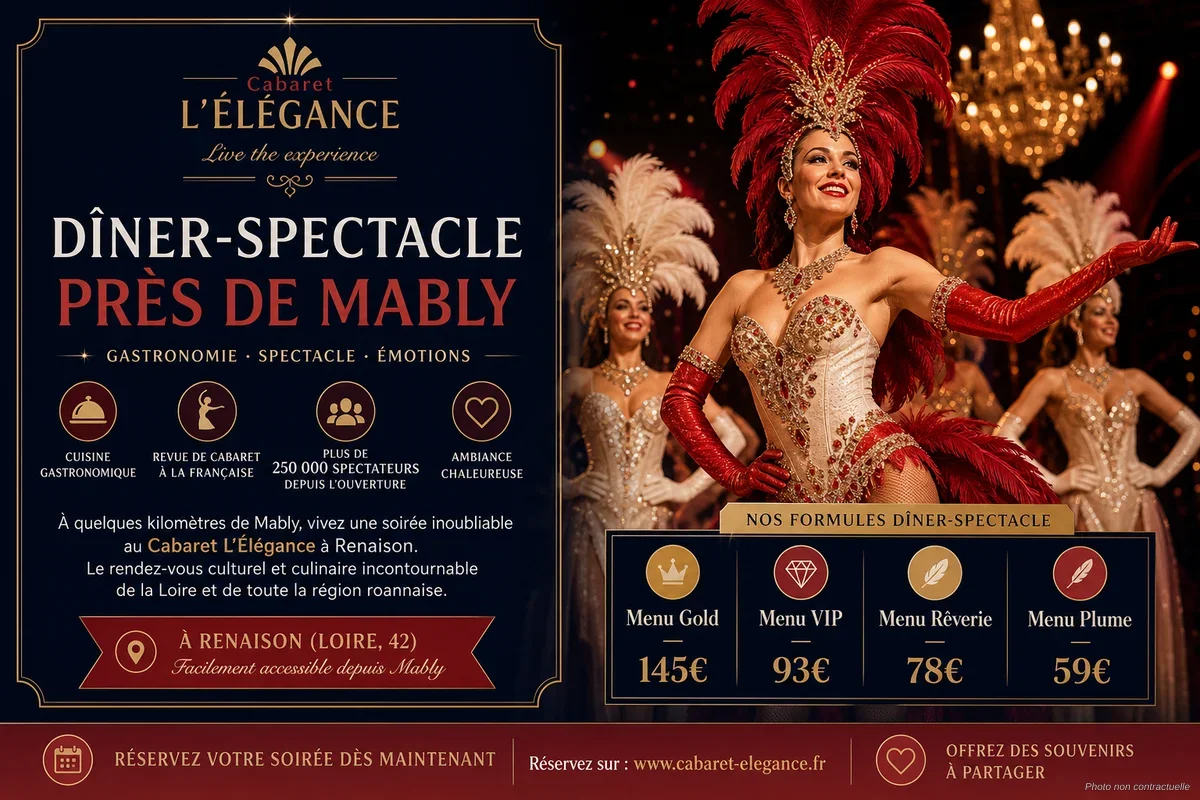 Salle de spectacle du Cabaret L'Élégance à Renaison, dressée pour un dîner-spectacle avec lumières scéniques