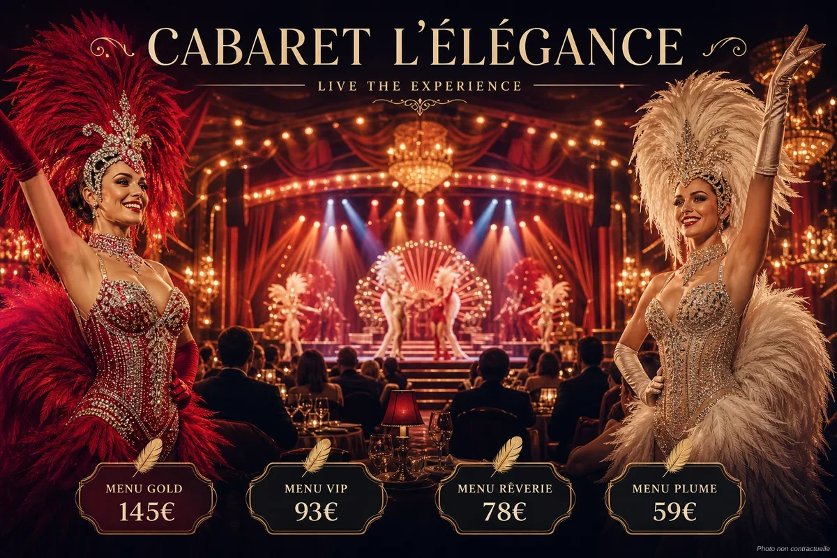 Salle de cabaret élégante avec artistes sur scène et convives attablés lors d'un dîner-spectacle à Renaison