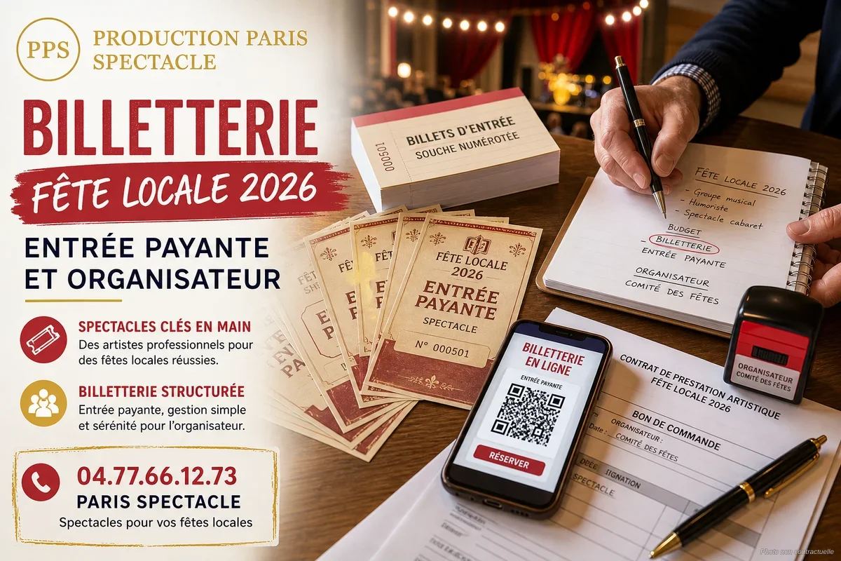 Stand de billetterie pour une fête locale en plein air avec entrée payante et spectacle sur scène