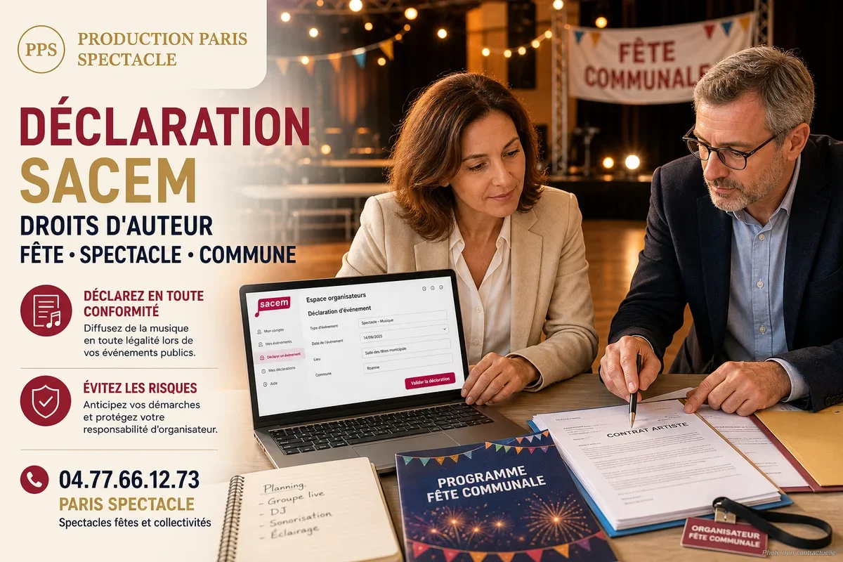 Salle des fêtes communale avec scène éclairée et public lors d'un spectacle vivant