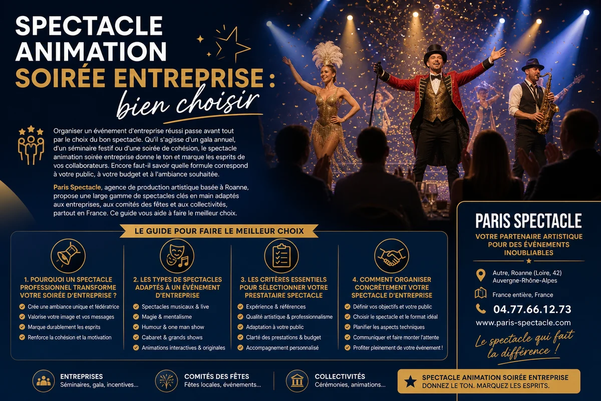 Spectacle cabaret professionnel lors d'une soirée d'entreprise avec scène éclairée et salle comble