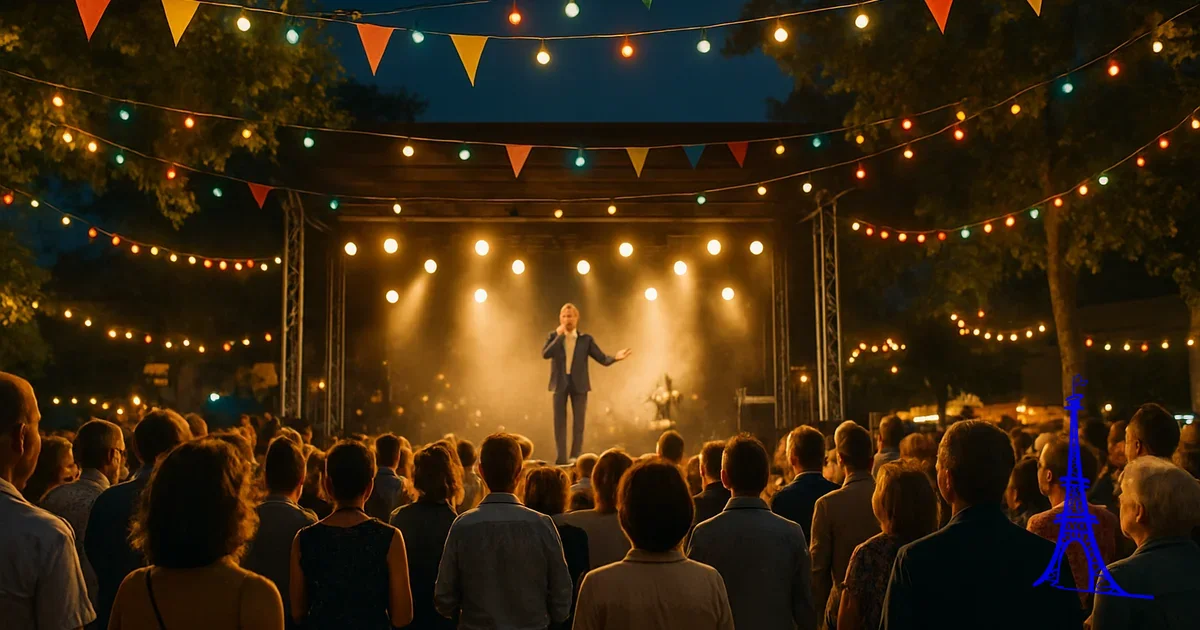 Scène de plein air illuminée lors d'une fête communale estivale, avec une foule festive et des décorations colorées