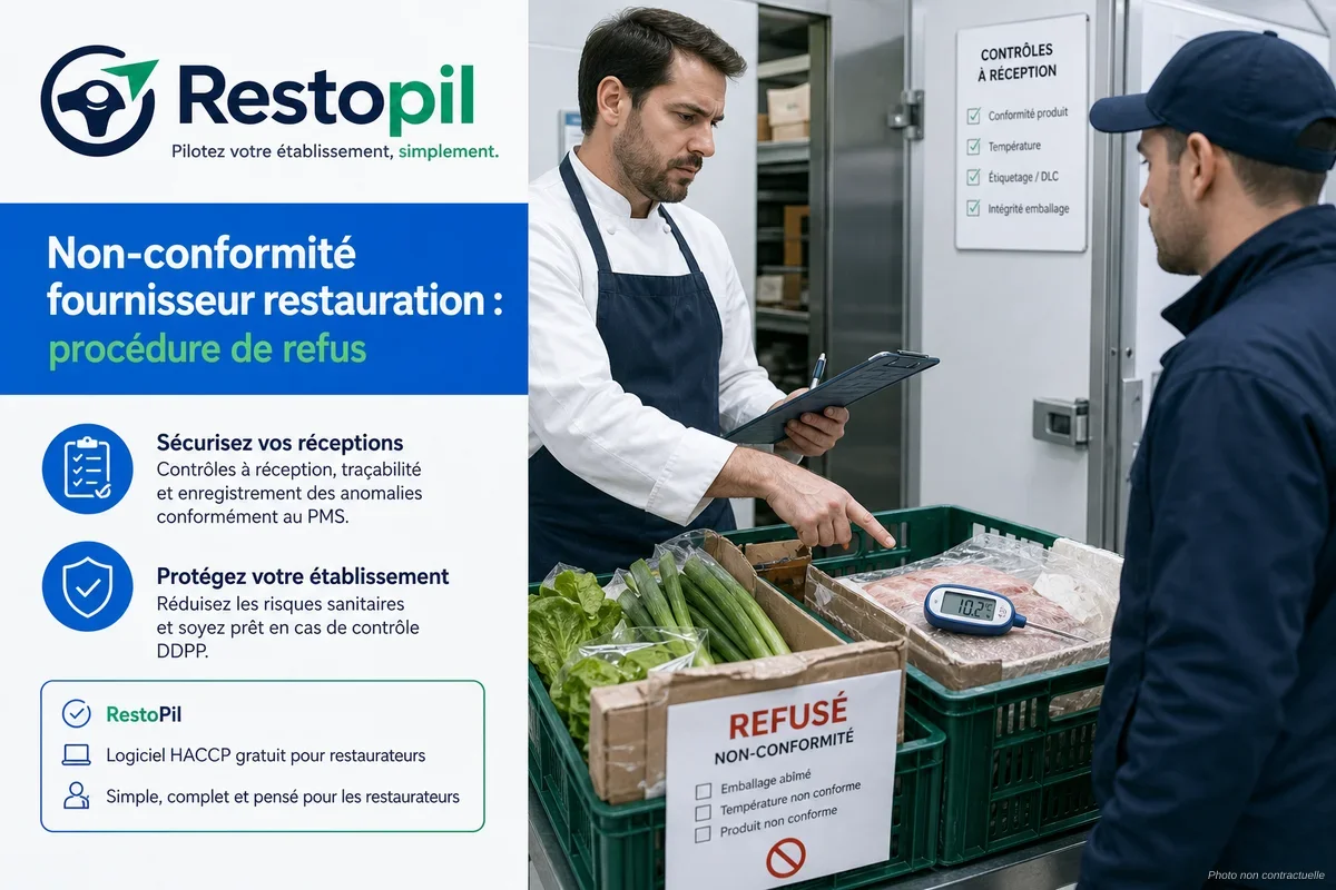 Chef cuisinier vérifiant la température d'une livraison de produits frais à la réception d'un restaurant professionnel
