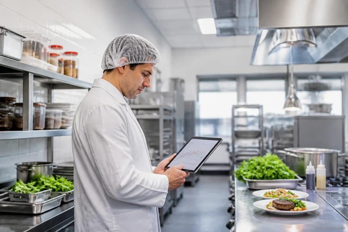 Inspecteur DDPP vérifiant les relevés de température dans une cuisine professionnelle