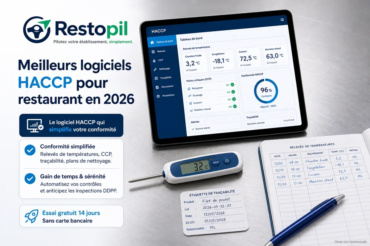 Restaurateur consultant un logiciel HACCP sur tablette en cuisine professionnelle