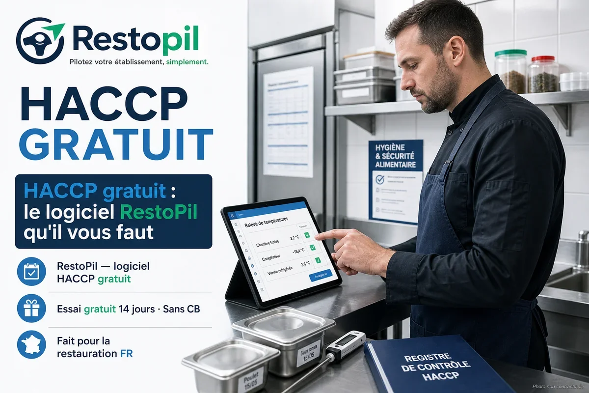 Restaurateur consultant un logiciel HACCP sur tablette en cuisine professionnelle