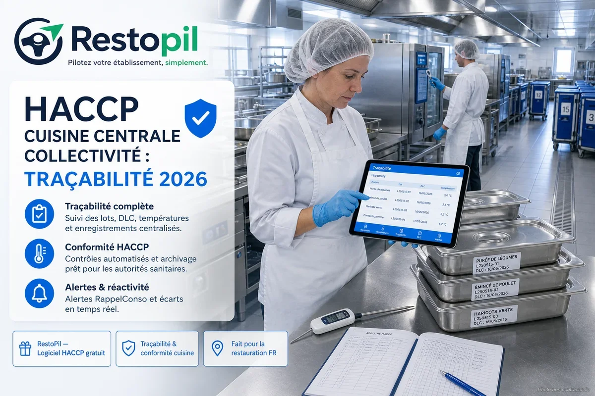 Responsable qualité en cuisine centrale vérifiant un plan HACCP sur tablette