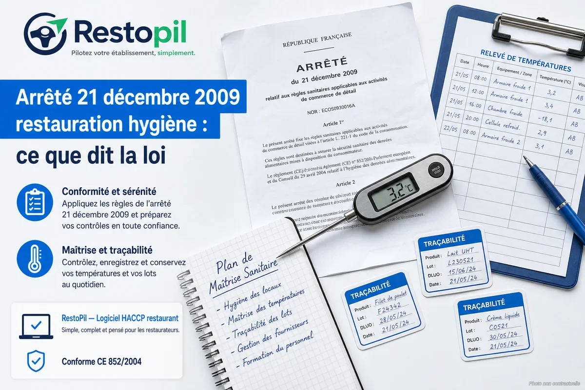 Chef cuisinier consultant un document réglementaire HACCP dans une cuisine professionnelle