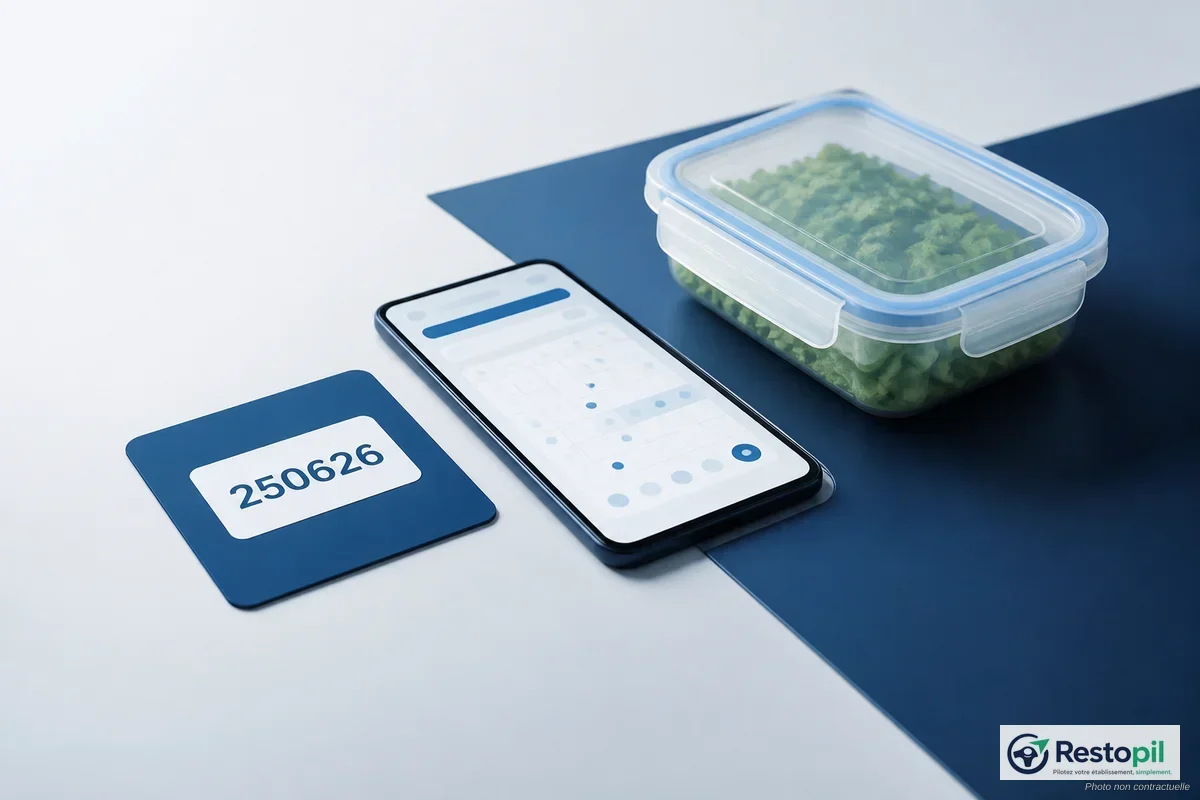 Étiquettes DLC sur des contenants alimentaires en cuisine professionnelle