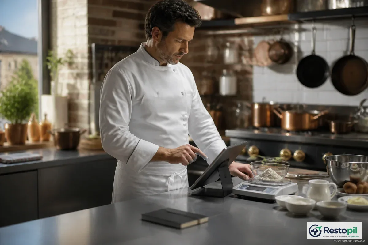 Chef restaurant consultant une fiche recette digitale sur tablette en cuisine professionnelle