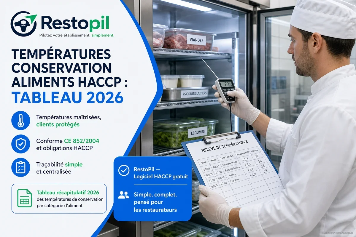 Tableau des températures de conservation HACCP affiché dans une cuisine professionnelle