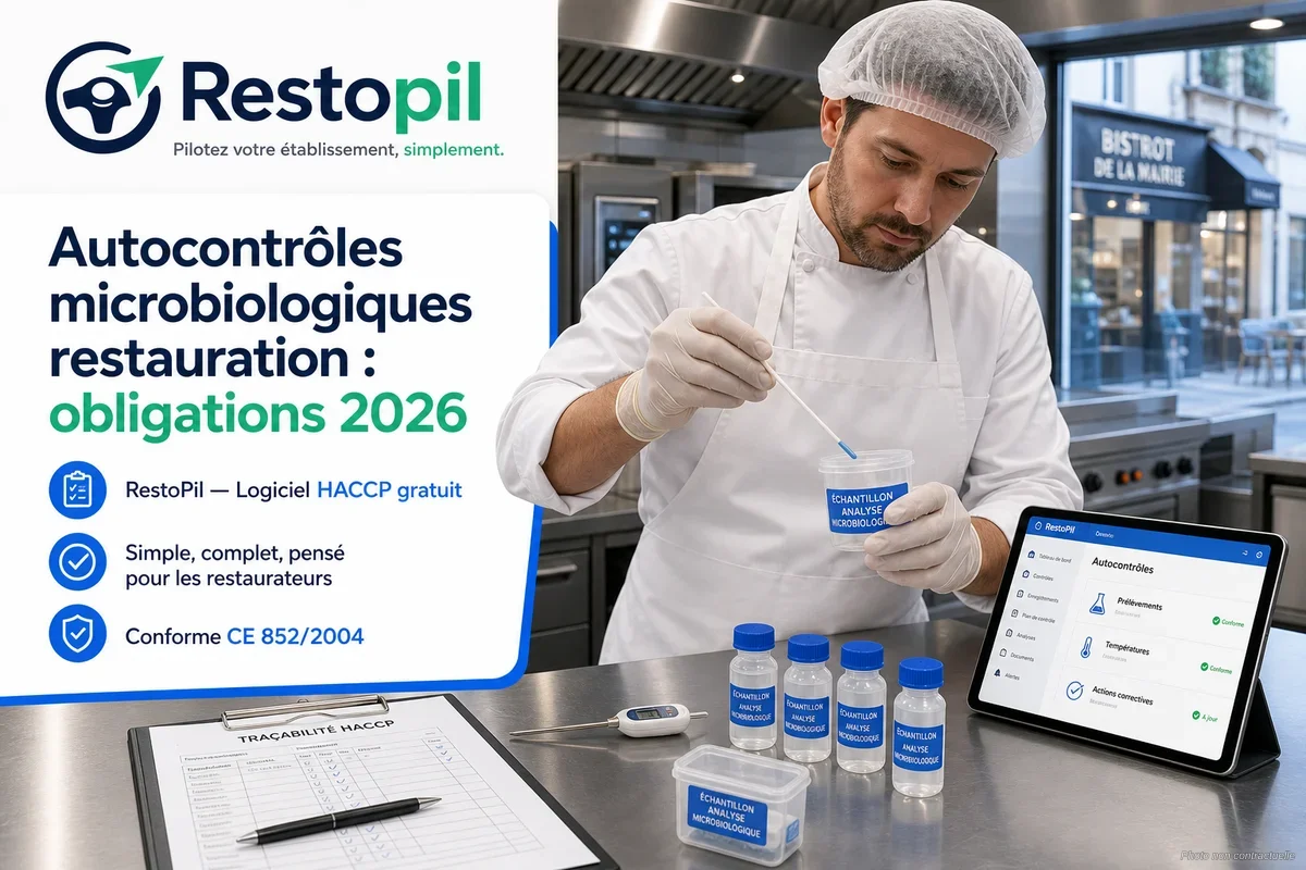 Chef professionnel réalisant un écouvillonnage de surface en cuisine professionnelle pour autocontrôle microbiologique